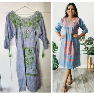 NWT Origin Mexico - Handmade Embroidered Dress, Blue with Green Accents